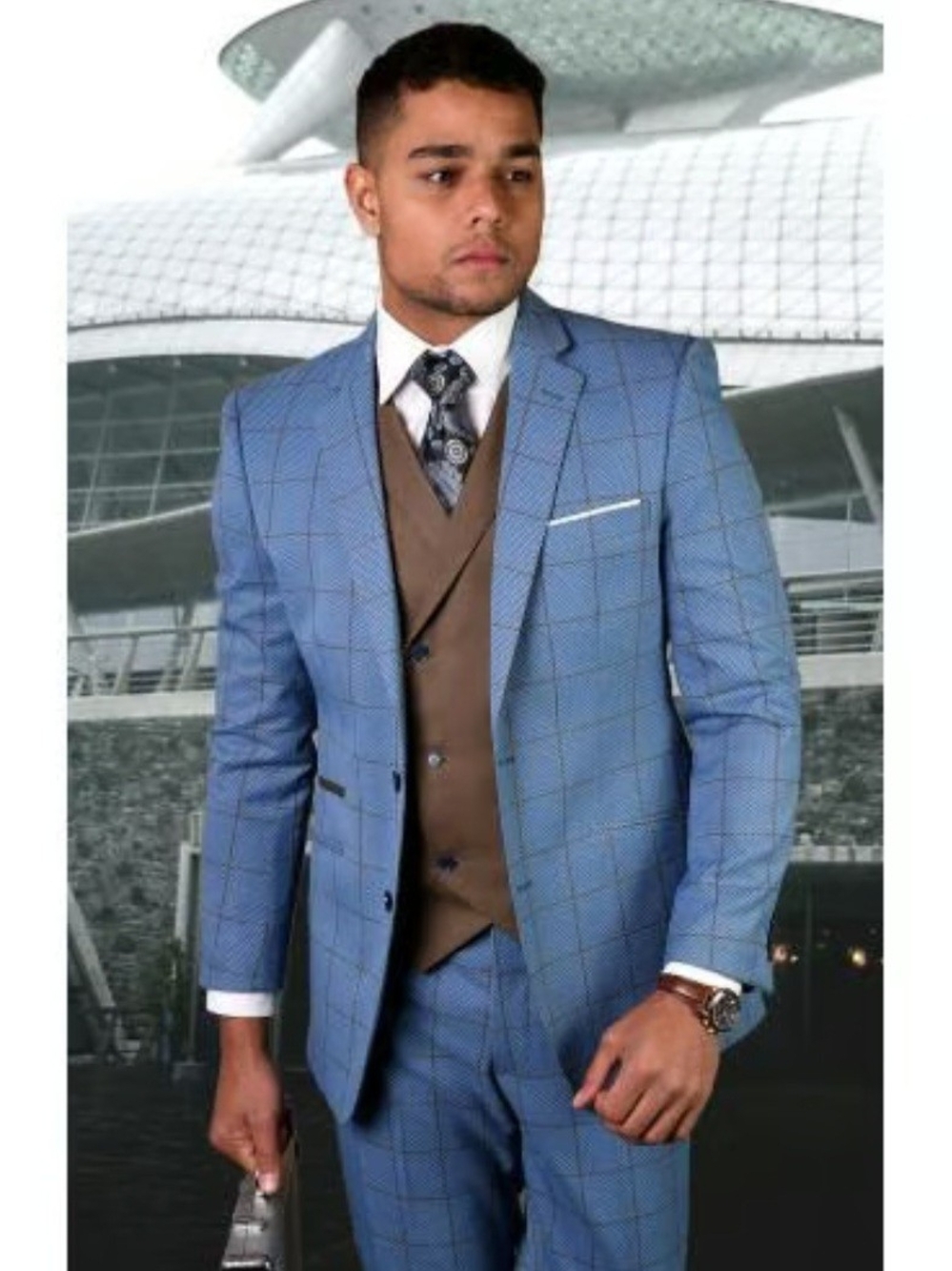 Statement 3 Piece Suit Rigato Steel Blue Bronze Windowpane Mens 44R Pant 38R